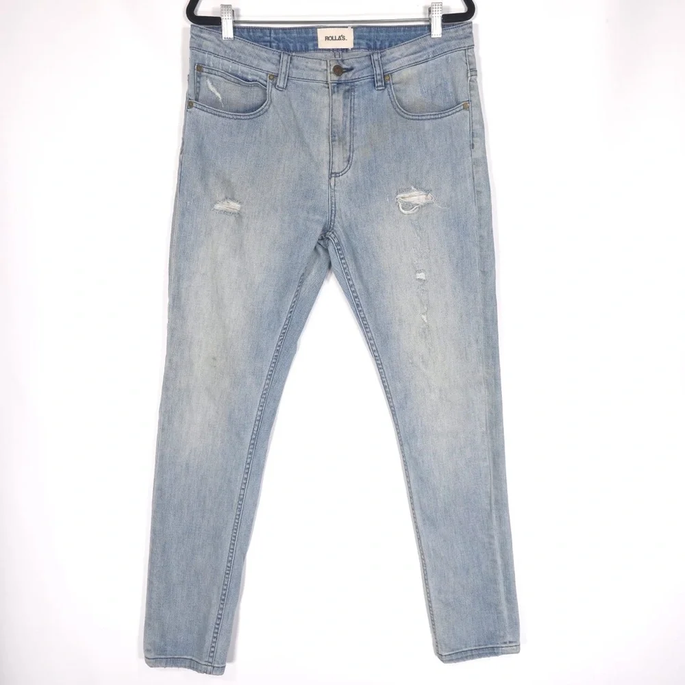 ROLLAS New Men’s THIN CAPTAIN SLIM FIT Jeans Bush Fire Blue Distressed‎ 34x31